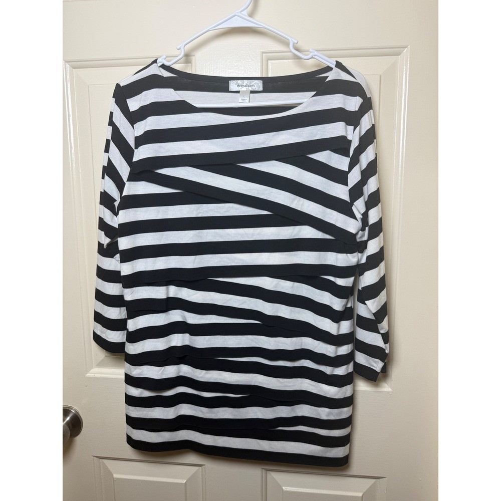 Dressbarn Black White Striped Tiered Layered Top 3/4 Sleeve Boat Neck Large